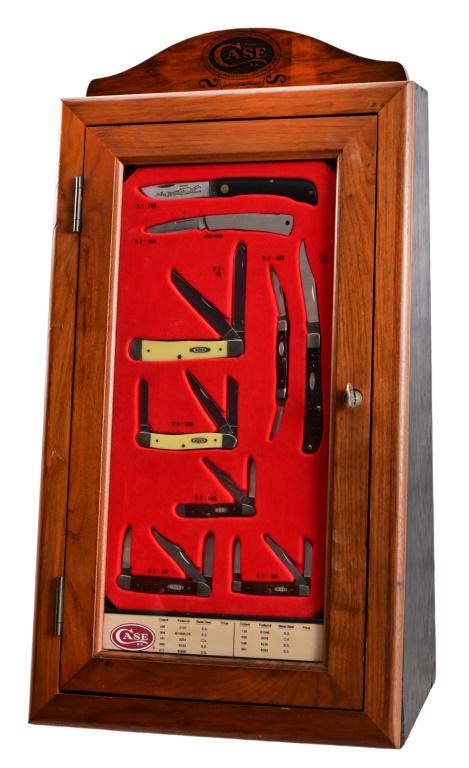 Case Pocket Knife Store Display Case & Knives: Excellent condition Case Knives oak display case, with key. Measures 8.5" x 12.75" x 24"
