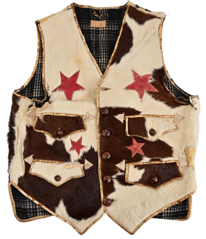 Antique Western Cowhide Vest w/ Red Stars: Plaid inner lining with Calgary, Alberta, Canada tag.