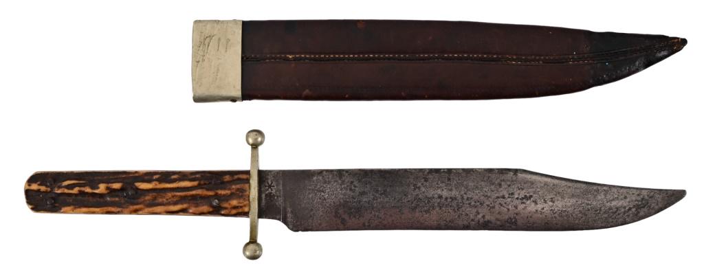 J. Rodgers & Son Sheffield Bowie Knife & Sheath: Stag handle, Blade measures 7 7/8", with overall length of 12.25"