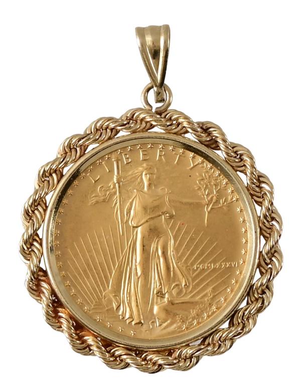 1986 $10 Gold Eagle In 14K Gold Bezel: 1986 $10 Gold Eagle In 14K Gold Bezel