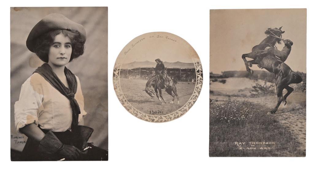 Three 1907 Buffalo Bills Wild West Show Photos: "Anna Schaffer on Sky Rocket marked "A Bad One". On reverse marked "Bufflo Bills Wild West Show 1907" (image 4-1/2" D). Florence Harris (image 4-1/2" x 7"). Ray Thompson on Black Art (image 4-1/2" x 7