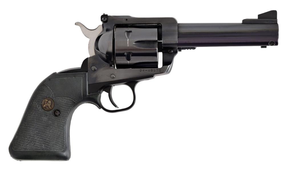 Ruger Blackhawk Revolver .357 Magnum: S/N 34-48173. Blue finish, 4.75" Barrel, Pachmayr Presentation grips. Very good condition in factory box. Modern.