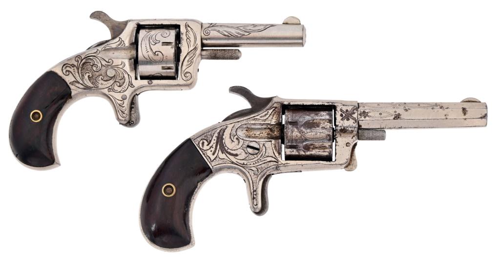 Pair of Engraved Spur Trigger Pocket Revolvers: "Napoleon" model has 2.75" octagon barrel. "Defiance" model has 2.5" round barrel. Both revolvers have good action, lock and cylinder rotation.