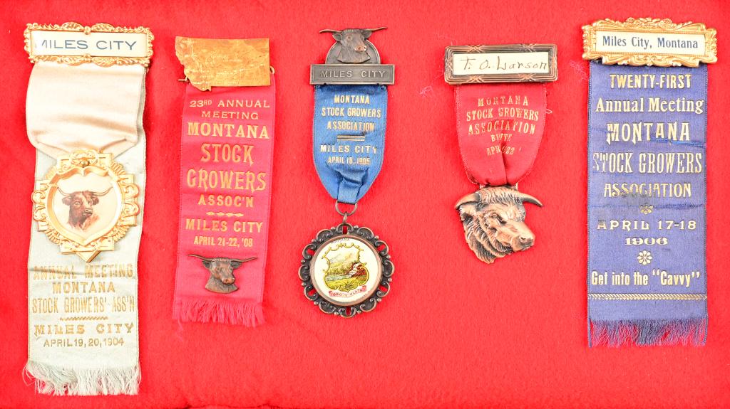Collection of Montana Stock Growers Assn. Pins: Miles City, Montana 1904, 1905, 1906, 1908, & 1922.