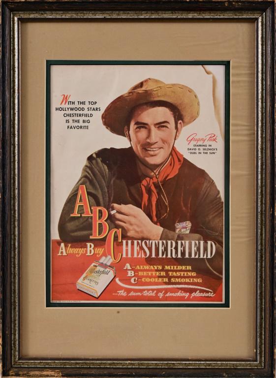 Framed Gregory Peck Chesterfield Cigarettes Ad.: 15" x 20.5"