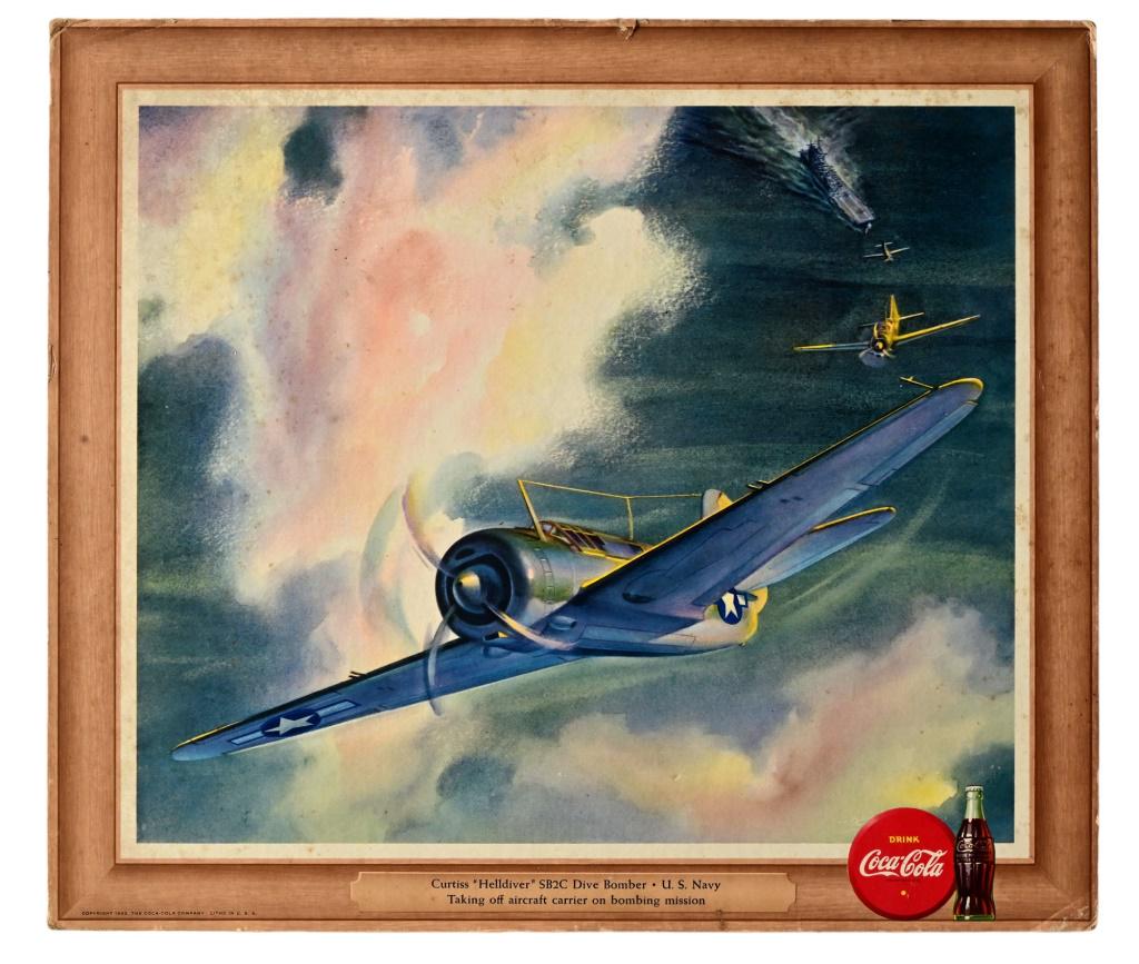 1943 Coca Cola Bomber Ad: 13" x 15" Cardboard Curtiss "Helldiver" SB2C Dive Bomber * U.S. Navy