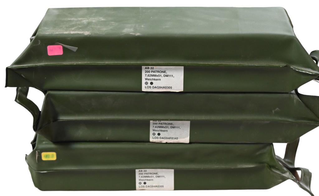 (3) Sealed German Military Battle Packs 7.62 x 51: AB 22, 20 Patrone (20 cartridges), 7.62 x 51, DM 111, Weichkern, 200 rounds in each sealed military pack. 600 total
