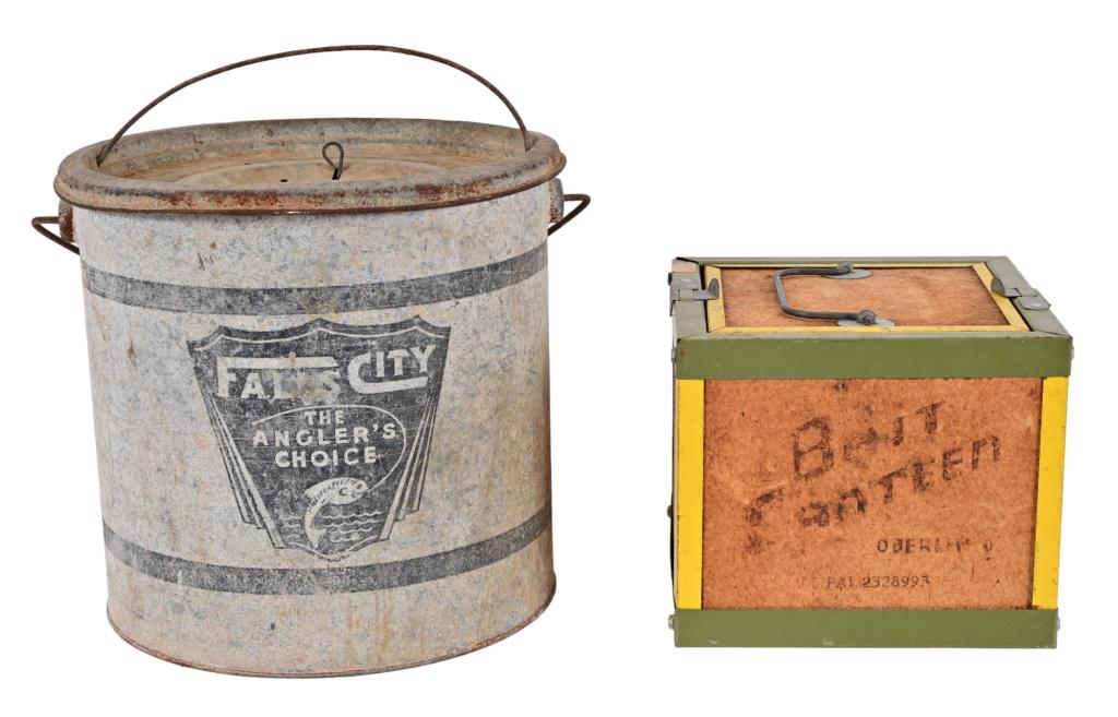 Falls City Bait Bucket and Bait Canteen: Metal Falls City bait bucket and Oberling wood bait canteen.