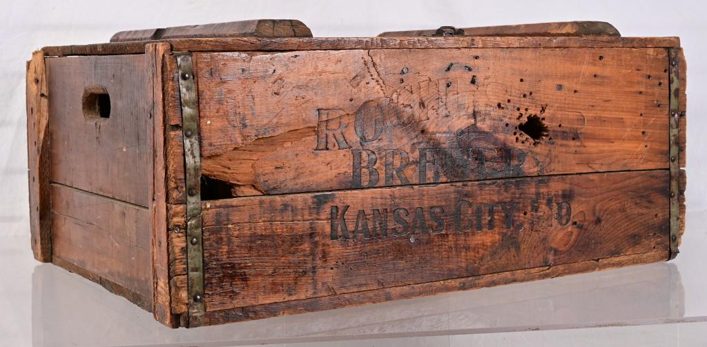 Rochester Brewery Kansas City Wooden Crate: Locking wooden crate measures 12" x 20" x 28". Marked on side "Union Made by C.F. Downey Box Co. Kansas City, Mo."