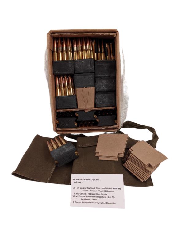 M-1 Garand Bandoleers & 31 Clips 200 Rounds: 25 M1 Garand 8 rd Block Clips - Loaded with 30.06 M2 Ball Prvi Partizan - Total 200 Rounds. 6 M1 Garand 8 rd Block Clips - Empty. 30 M1 Garand Bandoleer Repack Sets - 8 rd Clip Cardboard Covers. 1 Can