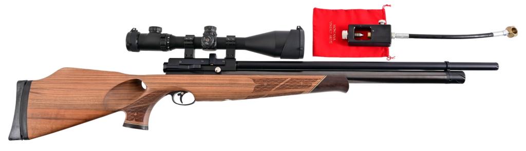 Air Arms S410-SL XTRA FAC .22 cal Air Rifle: Made in England, pre-charged pneumatic rifle up to 3000 psi. Accu-Shot 4-16 x 56mm scope, checkered wood target stock with thumb-hole. Threaded 24" barrel. Excellent condition. No FFL required for thi