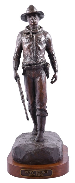 Texas Ranger Bronze by D. Scott Rogers: "Duty Bound". Dated '97, Signed (David) Scott Rogers measures 6" x 10" x 18".