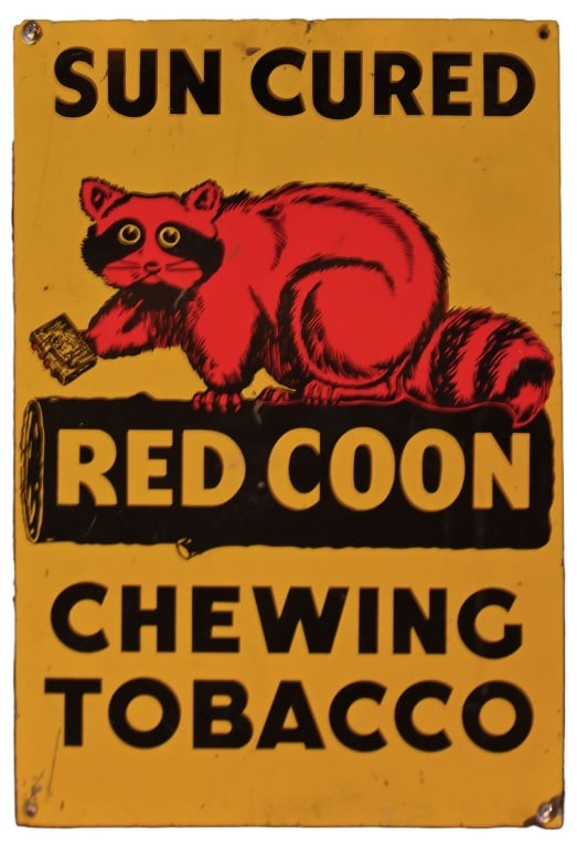 Red Coon Sun Cured Chewing Tobacco Tin Sign: Red Coon Sun Cured Chewing Tobacco Tin Sign
