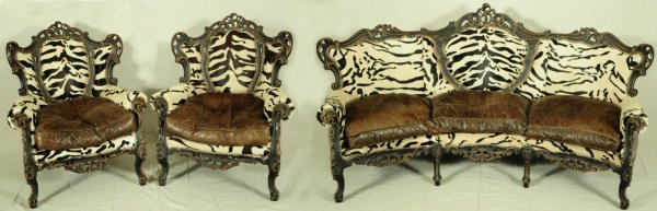 3 Pc. Set of Faux Zebra Skin Couch & Chairs: Couch (90" L x 46" H), and 2 Chairs (33" W x 42" H).