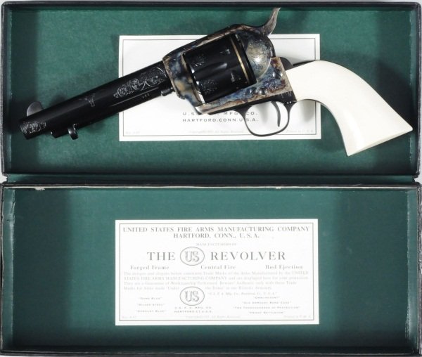 U. S. F. A. Colt .45 SAA Engraved FFL: 5 1/2'' Barrel, Ivory grips, blue finish. with box, manual and warranty card. Back of handle engraved "Texas". Serial # - 20633.