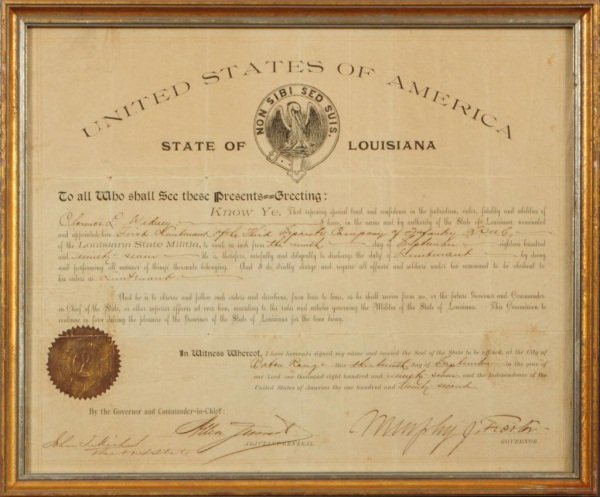 Louisiana Governor Foster Signed Appointment 1897: Louisiana Governor M.J. Foster Signed Military Appointment 1897, for Clarence L. Widney to First Lieutenant of the Louisiana State Militia. Measures 14" x 17".