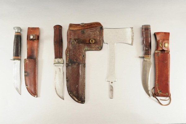 Assorted Knives & Hatchets: Kabar Hatchet and Knife Set with Case, Schrade 498 Knife with Sheath (Blade is 5", handle 4-1/4", overall 9-1/4"); Kabar Knife with Leather Case (Blade, 4-1/2'', handle 4-1/4'', overall 8-3/4'); Hatch
