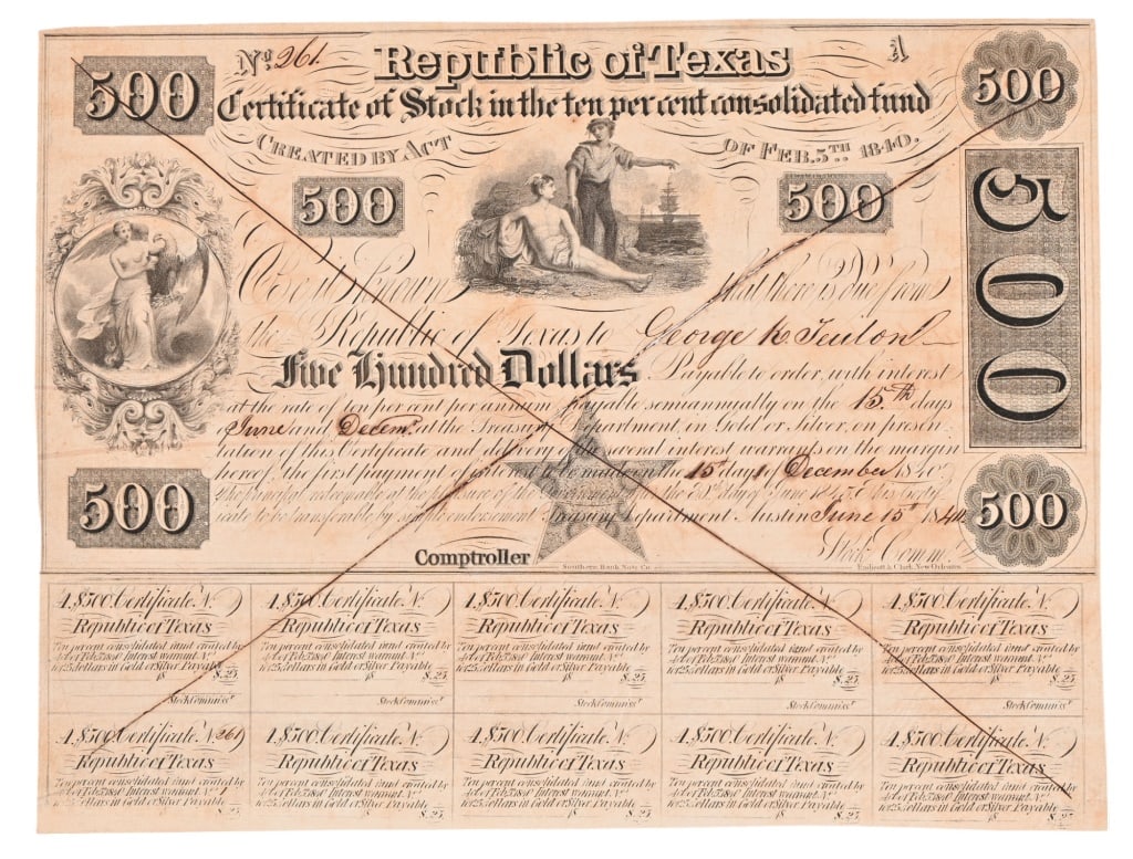 Republic of Texas $500 Stock Certificate Cancelled: Unsigned/Cancelled $500 Republic of Texas Stock Certificate. Originally set to be issued to "George K. Teulon" and dated June 15, 1840. In January 1840 George K. Teulon became the editor of the first 
