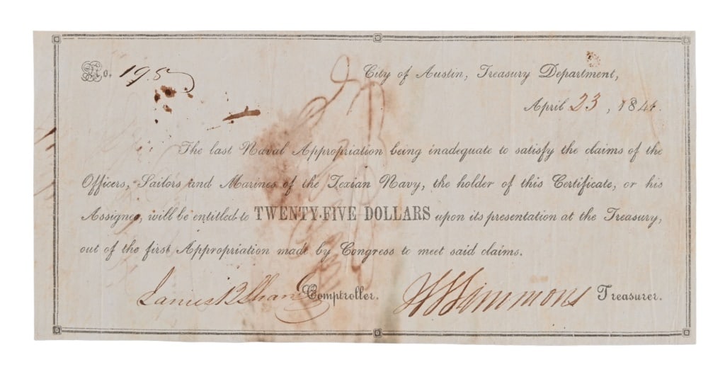 1844 Republic of Texas Naval Appropriation Warrant: Signed lower right by James W. Simmons. Lower left signed by Daniel B. Shaw. Document measures 3.5" x 7"