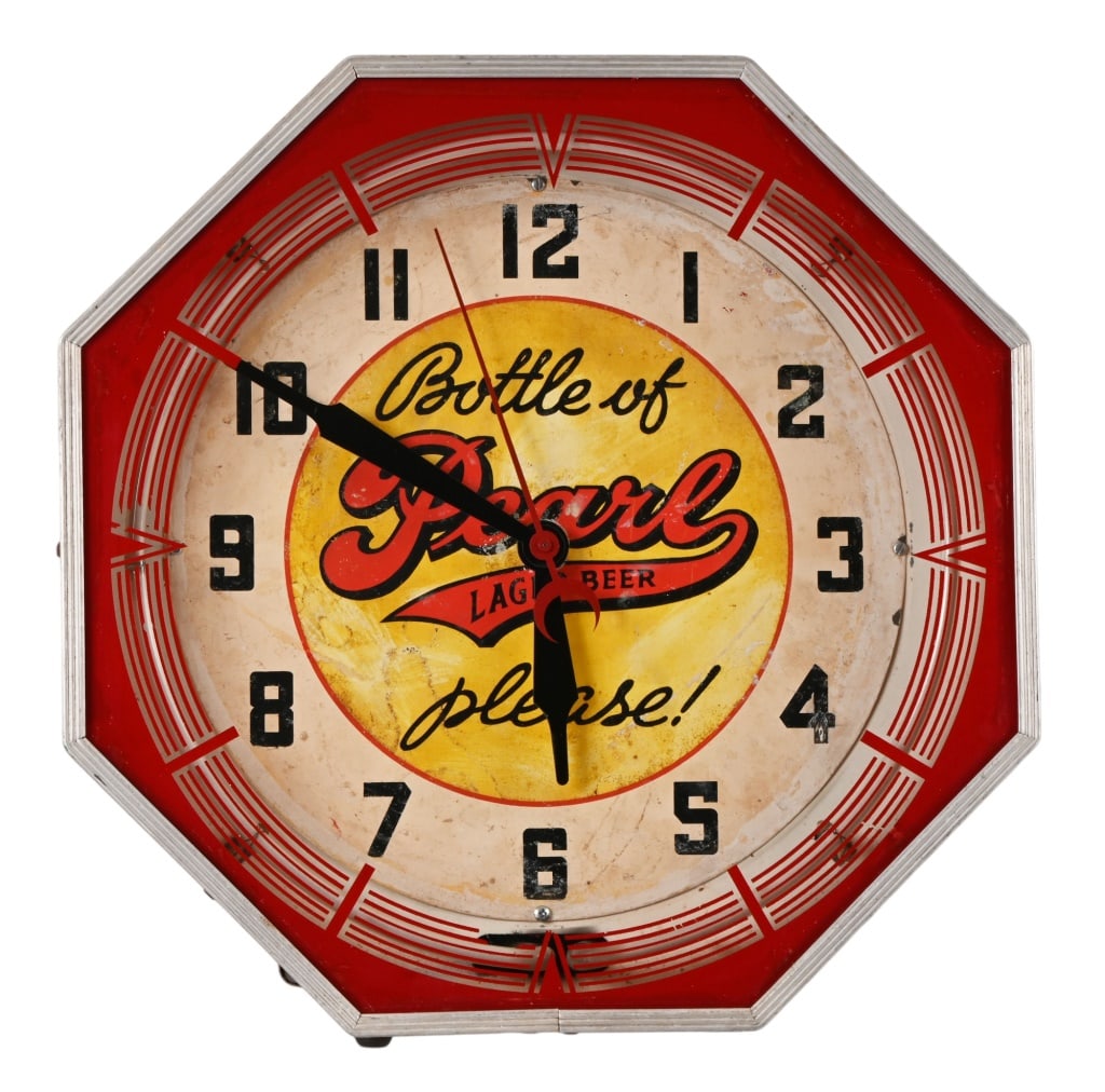 Pearl Beer Advertising Octagon Neon Clock: Bottle of Pearl Please!" neon advertising clock. Working condition. Measures 7" deep, face measures 18" x 18