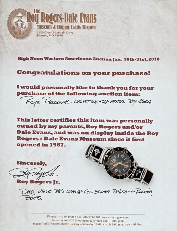 Roy Roger's Eska Amphibian Diving Watch: Eska Amphibious "600" Automatic Wrist Watch. Swiss-made. SN 1079. These had bakelite bezel, pressure & water-proof, and shock protected. Expandable stainless steel band boasts Roy's pride as a 33rd De