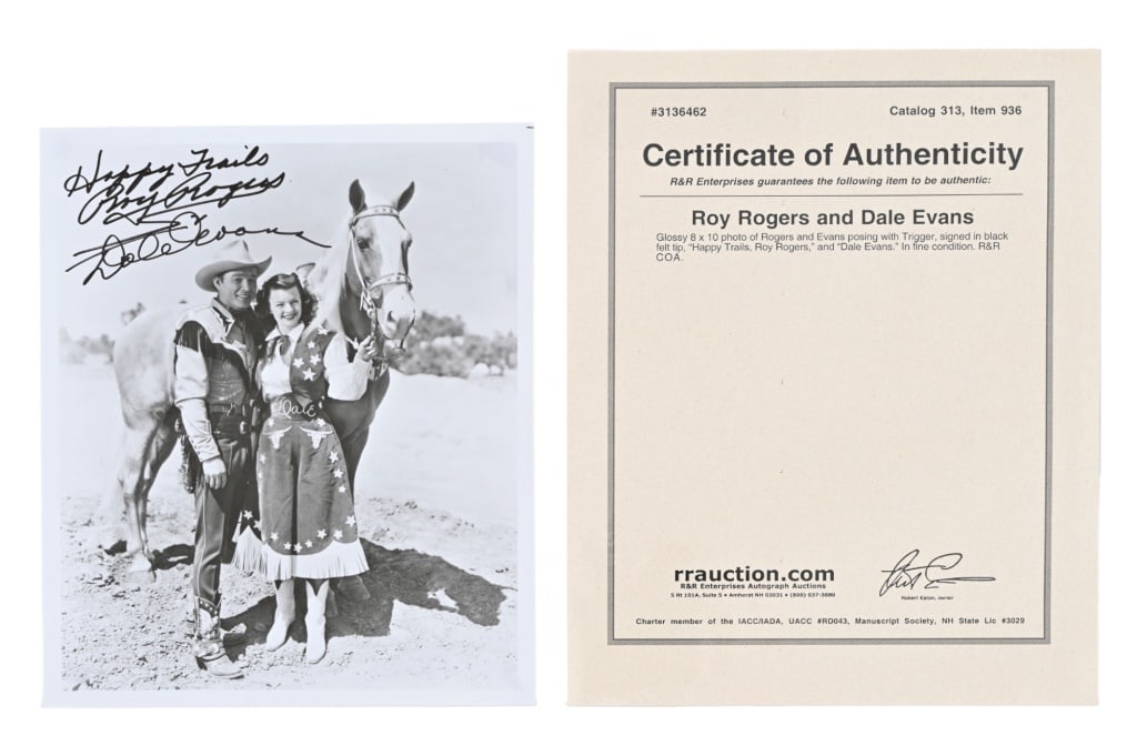 Roy Rogers & Dale Evans Signed Photo: Signed "Happy Trails, Roy Rogers & Dale Evans", 8" x 9.75"