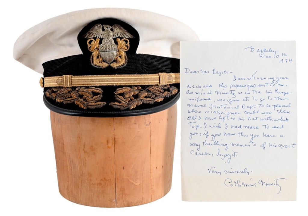 Chester W. Nimitz's Navy Dress Cap: Admiral Chester W. Nimitz (1885-1966) Commander of the US Pacific Fleet during WWII. Admiral's cap with letter from Admiral Nimitz's wife dated 1974. Catherine Nimitz. Marked "The Viking" made by Hilb
