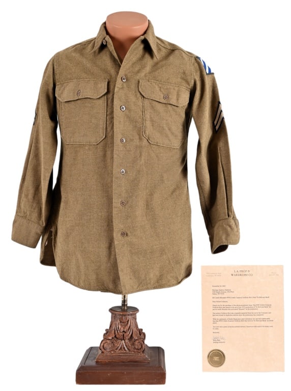 Audie Murphy's WWII Prop Shirt "To Hell And Back": Audie Murphy's WWII Style Corporal shirt used in the film "To Hell And Back", based on and starred by himself. Includes COA from L.A. Prop & Wardrobe Co.