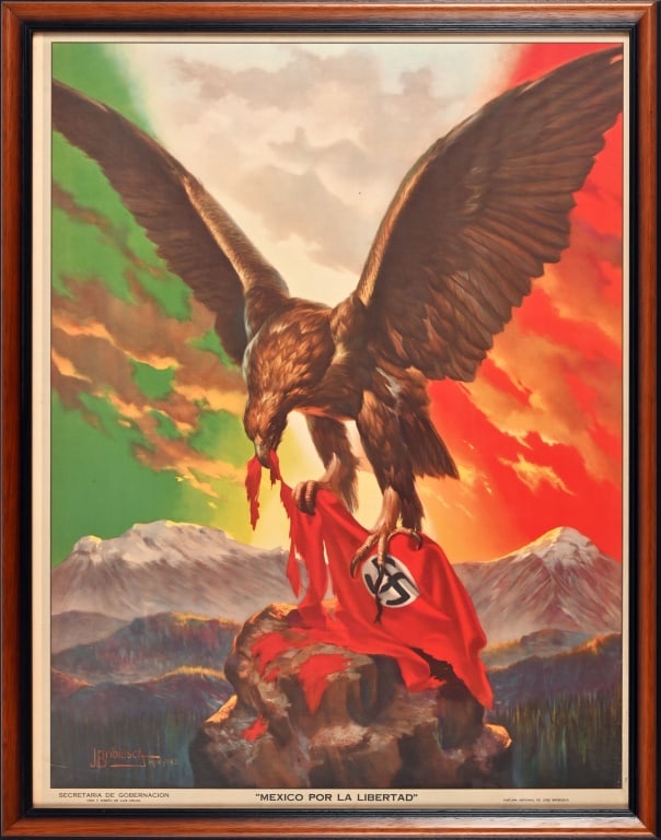 1942 WWII Mexico "Por La Libertad" Poster: Original 1942 World War II Mexican war propaganda poster. Frame measures 35" x 45.5"