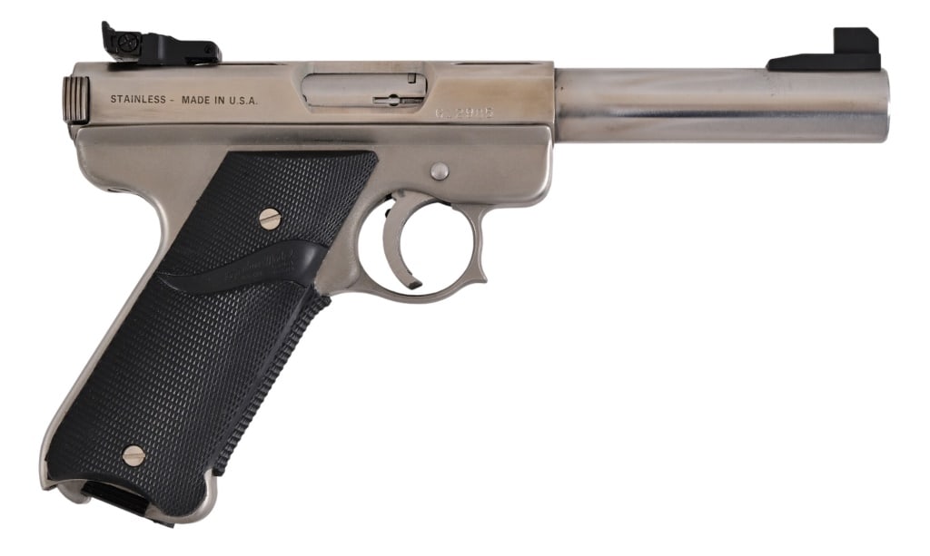AMT Lightning .22LR Semi-Auto Pistol: Stainless steel finish, 6.5" Barrel. Good condition in original box. Modern.