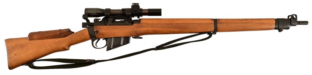 British Enfield Sniper Rifle .303: Not original. Imported by C.I.A.. Barrel measures 25", raised cheek piece on butt-stock. No. 32 MKII sight marked 1944. Very good plus condition, bore, action, stock, and scope. Modern.