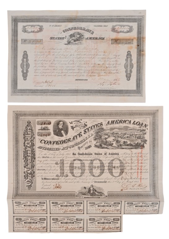 Texas Confederate Civil War Loan Certificates: Confederate $1000 loan certificate, dated March 2, 1863. Measures 9" x 14.5". Confederate $4000 loan certificate Dated May 3, 1863. Measures 8.75" x 12.75"