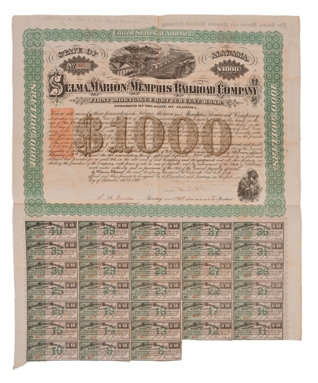 Nathan B. Forrest Signed Bond Memphis Railroad Co.: State of Alabama First Mortgage, $1000, Eight per cent bond issued by the Selma, Marion and Memphis Railroad company signed by President N.B. Forrest on front and back.