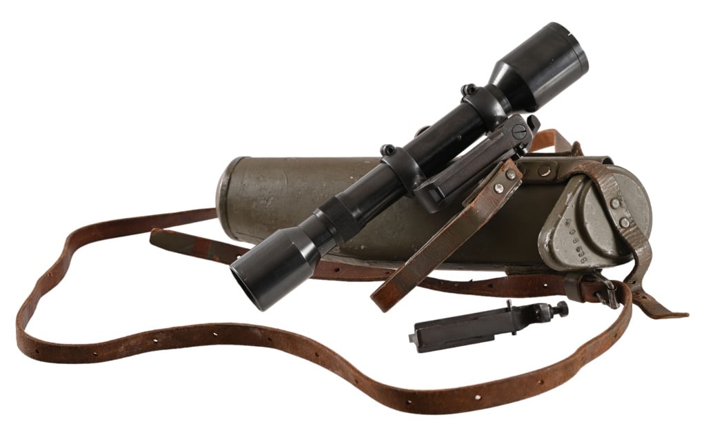 Ajack German WWII Rifle Scope 1942: A. Jackenkroll Berlin. 4X marked 1942. SN Nr2253/1942B. Vertical and horizontal post reticle. Very good condition. With mount and storage can that may not be original to scope.