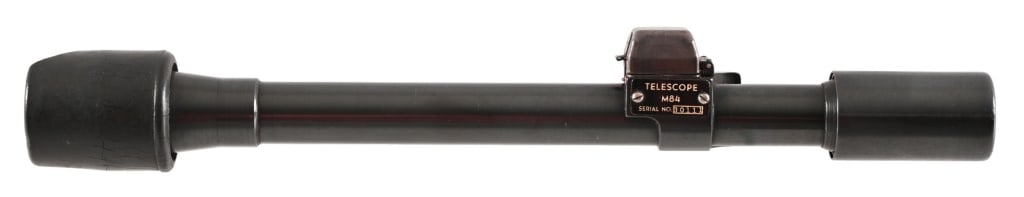 U.S. M84 Rifle Scope WWII M1 Garand: Scope used for M1 Garand sniper rifles. 2.5X magnification. Very good condition with rubber eye piece. SN 30111.