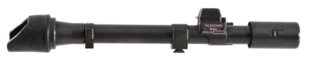 U.S. M84 Rifle Scope WWII M1 Garand: Scope used for M1 Garand sniper rifles. 2.5X magnification. Very good condition with rubber eye piece. 2 small flecks in view. Has rings installed. SN 8777.