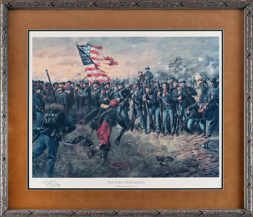 Don Troiani Civil War Print "The First Minnesota": "The First Minnesota" Battle of Gettysburg, July 2, 1863. Print No. AP 6/100. Published 1999. Print measures 22" x 27 1/2". Frame measures 31" x 36".