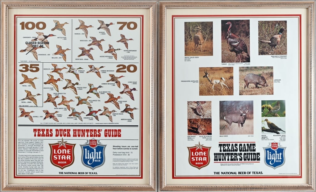 2 Lone Star Beer Hunter's Guide Framed Posters: Texas Duck Hunter's and Game Hunters framed Lone Star Beer posters, circa 1987. Both frames measures 28" x 34"