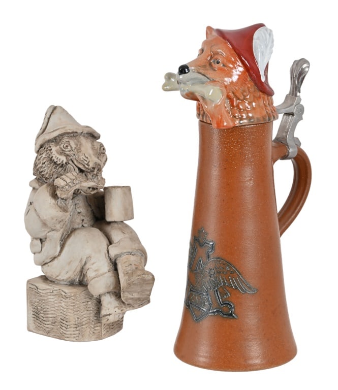 Anheuser Busch Reynard The Fox Stein & Sculpture: Rare Anheuser Busch Employee-Only limited edition sculpture of Reynard the Fox, marked on back for Anheuser-Busch 1984, numbered 35/825. Measures 3" x 5" x 7". Stein measures10" tall