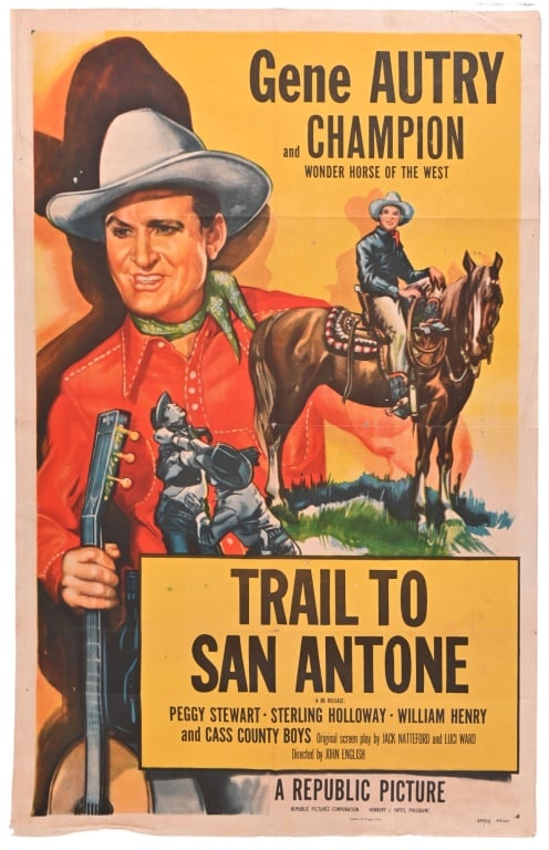Gene Autry "Trail To San Antone" Movie Poster: Starring Gene Autry and Champion, Wonder Horse of the West. Also starring Peggy Stewart, Sterling Holloway, William Henry, and Cass County Boys. Poster measures 27" x 41", circa 1947.