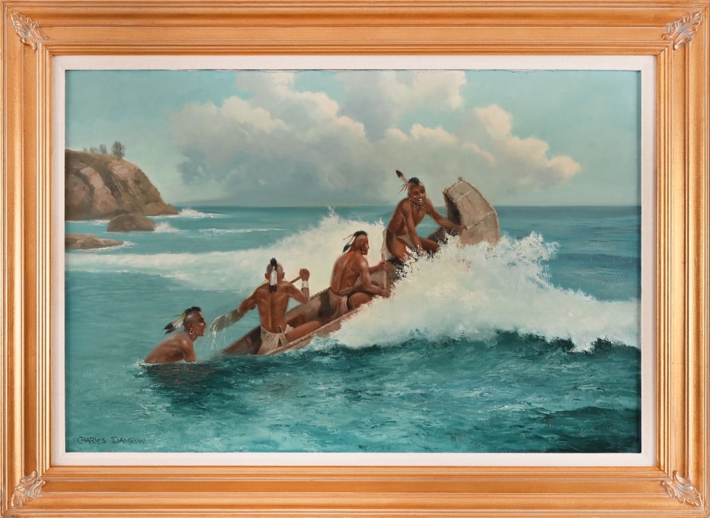 Charles Damrow Iroquois Indian Oil Painting: "Iroquois on Lake Ontario", oil on canvas 24" x 36". Frame measures 32" x 44". Charles Damrow (1916-1989). left his boyhood home of Sheboygan, Wisconsin to fulfill his dream out west. Working as a cow