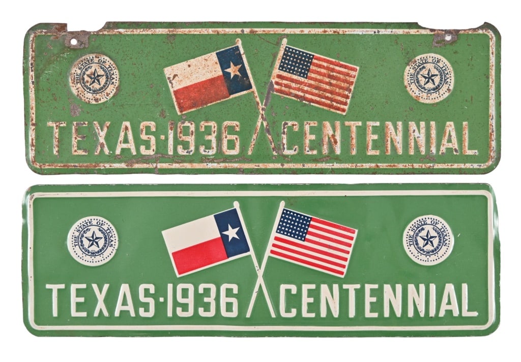 Texas Centennial Brenham Texas License Toppers: Ultra rare Texas Centennial 1936 license plate toppers, made by V.W. Sternberg of Brenham, Texas. Copyright February 20, 1935 on back, marked along with maker. Both measure 3.5" x 10.75"
