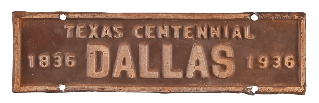 Dallas Texas Centennial 1936 License Plate Topper: Measures 3.25" x 12.25"