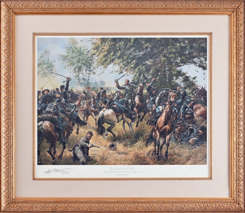 Don Troiani Civil War Print "Hampton's Duel": Hampton's Duel, East Cavalry Field, Battle of Gettysburg, July 3, 1863. Come with letter of Authenticity. No. AP6/100. Print measures 22 1/2" x 27 1/2". Frame measures 33 1/2" x 38 1/2".