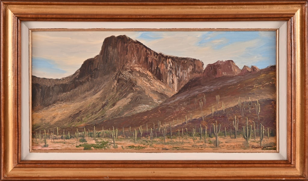 William Henry Greenhaw Landscape Oil Painting: William Henry Greenhaw (1917-1987) was a self-taught artist and sign painter. He served as a waist gunner in World War II, stationed at Snetterton Airfield in England. Stricken with Parkinson's Diseas