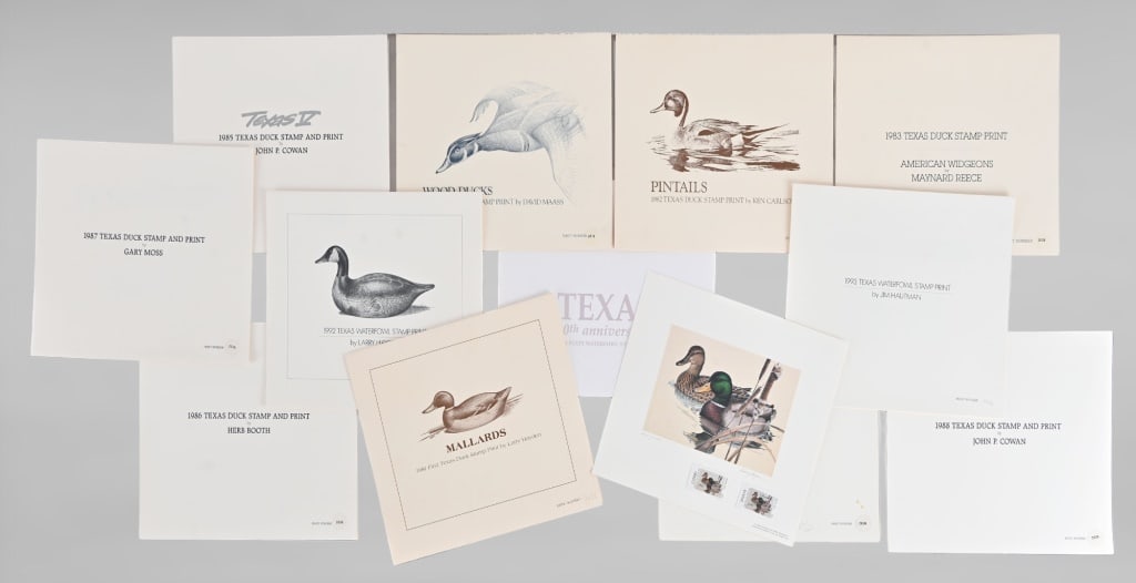 Collection of Texas Duck Stamps1981-1993 (- 1991): The first Texas Duck Stamp was issued in 1981 and was designed by artist Larry Haden. 1981 Print No.2636/16500. 1982 Print No. 2636/9500 by Ken Carlson. 1983 Print no. 2636/7700 by Maynard Reece. 1884