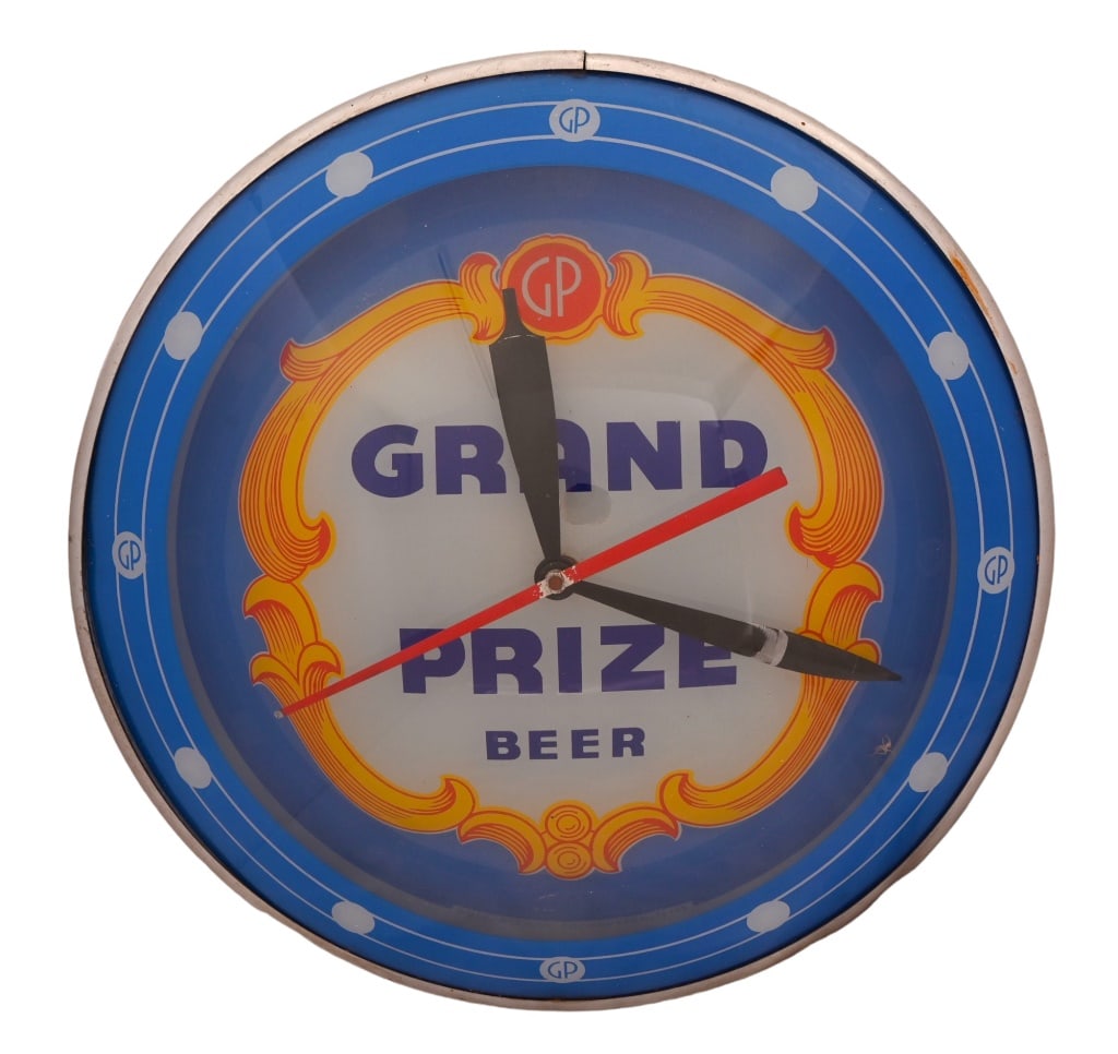 Grand Prize Beer Double Bubble Advertising Clock: Blue version, in original working condition. Measures 4.5" x 15"