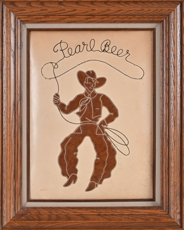 Pearl Beer Stitched Cowboy Advertising Sign: Embroidery stitched vinyl sign, depicting cowboy with "Pearl Beer" spelled from his lasso. Vinyl stretched over padding, 17" x 21" framed.
