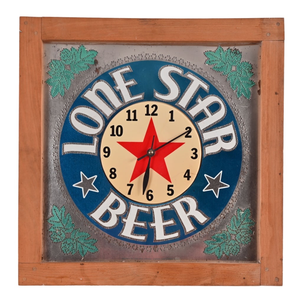 Lone Star Beer Punched Tin Lighted Clock: Working original condition, does have small crack to clock face plastic. Measures 4.5" x 19" x 19"