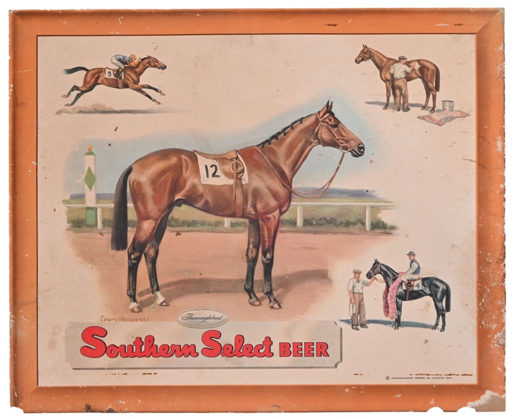 Southern Select Beer "Thoroughbred" Lithograph Ad: Thoroughbred", from original by Edwin Megargee, circa 1940's. Lithograph over cardboard, measures 22" x 26